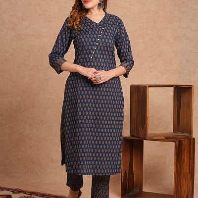 Ethnic Printed Straight Fit Kurta with Pant - Blue