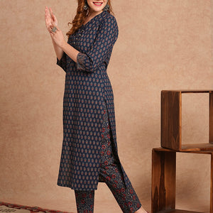 Ethnic Printed Straight Fit Kurta with Pant - Blue