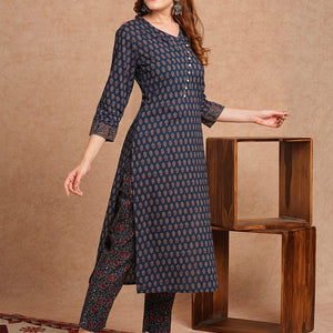 Ethnic Printed Straight Fit Kurta with Pant - Blue