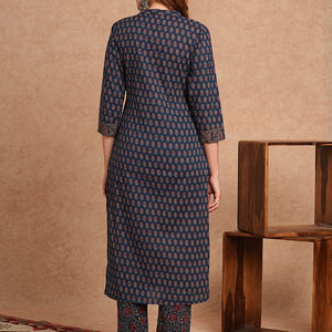 Ethnic Printed Straight Fit Kurta with Pant - Blue