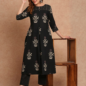 Ethnic Floral Printed & Embroidered A-Line Kurta with Pant - Black