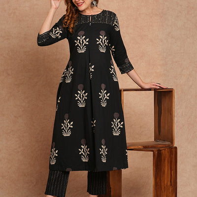 Ethnic Floral Printed & Embroidered A-Line Kurta with Pant - Black