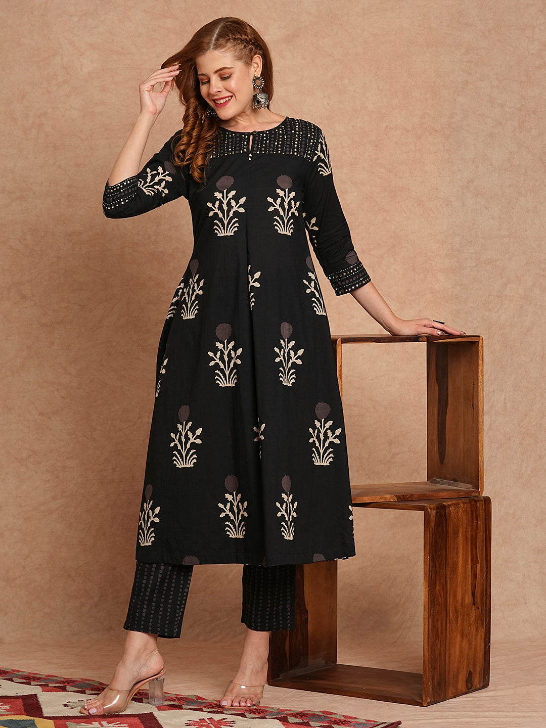 Ethnic Floral Printed & Embroidered A-Line Kurta with Pant - Black