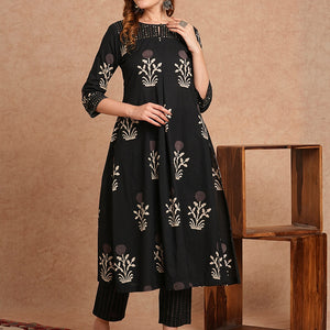 Ethnic Floral Printed & Embroidered A-Line Kurta with Pant - Black