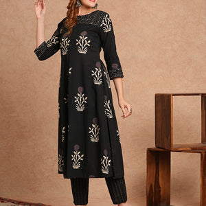 Ethnic Floral Printed & Embroidered A-Line Kurta with Pant - Black