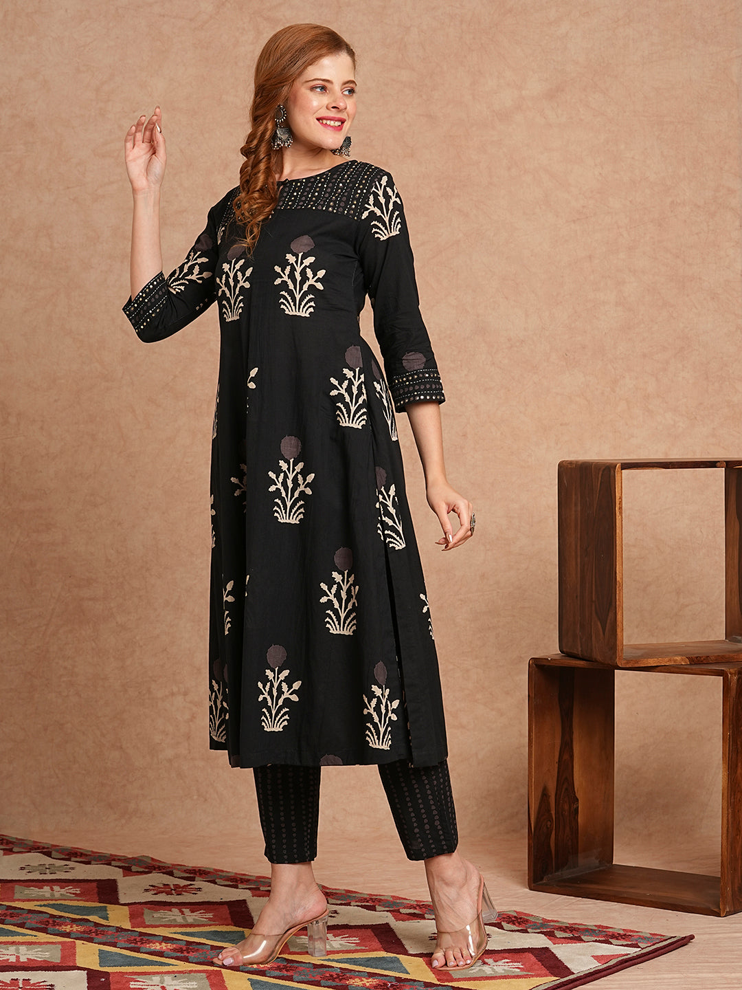 Ethnic Floral Printed & Embroidered A-Line Kurta with Pant - Black