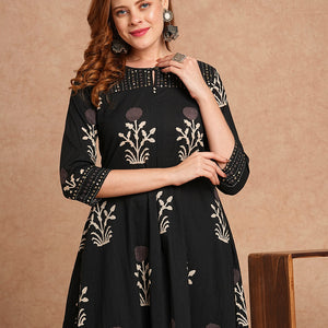 Ethnic Floral Printed & Embroidered A-Line Kurta with Pant - Black
