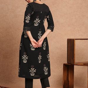 Ethnic Floral Printed & Embroidered A-Line Kurta with Pant - Black