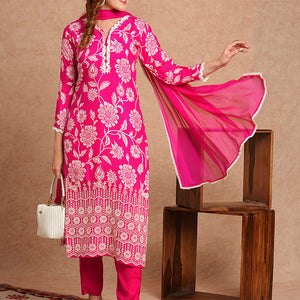 Floral Printed Schiffli Embroidered Straight Fit Kurta with Pant & Dupatta - Fuchsia