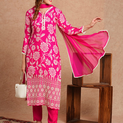 Floral Printed Schiffli Embroidered Straight Fit Kurta with Pant & Dupatta - Fuchsia