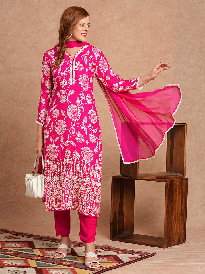 Floral Printed Schiffli Embroidered Straight Fit Kurta with Pant & Dupatta - Fuchsia