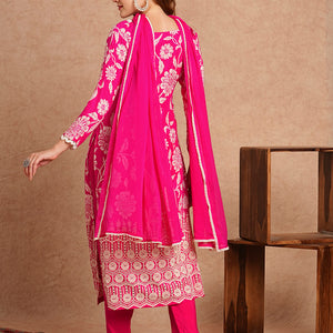 Floral Printed Schiffli Embroidered Straight Fit Kurta with Pant & Dupatta - Fuchsia
