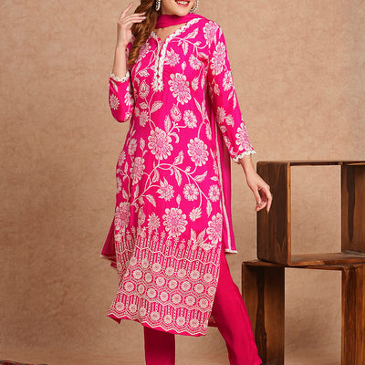 Floral Printed Schiffli Embroidered Straight Fit Kurta with Pant & Dupatta - Fuchsia
