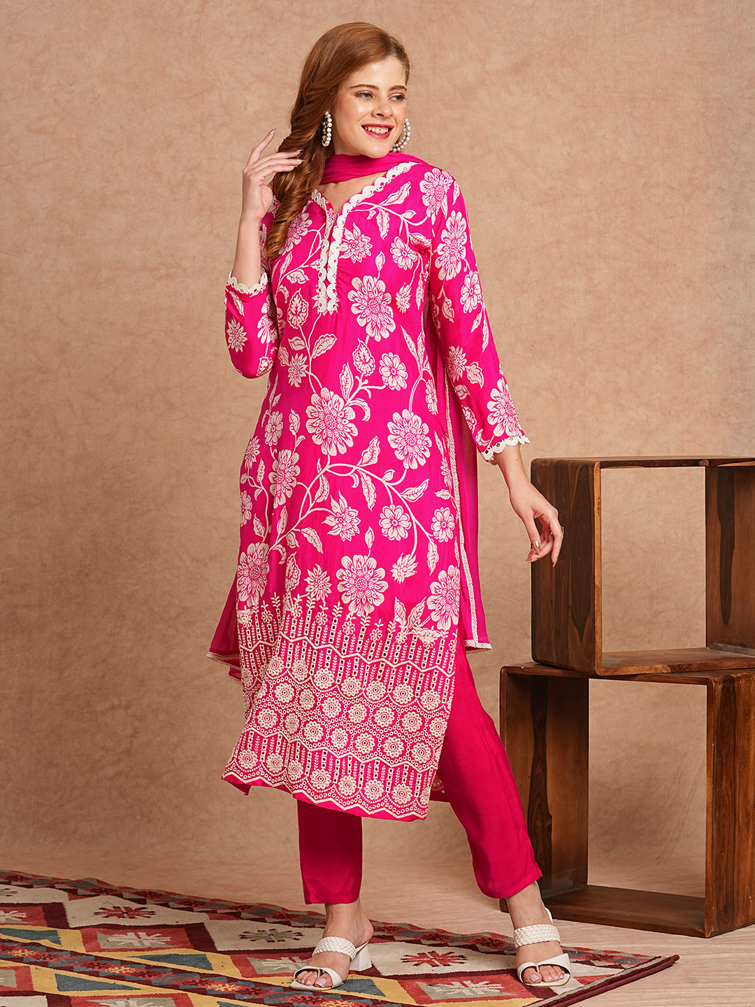 Floral Printed Schiffli Embroidered Straight Fit Kurta with Pant & Dupatta - Fuchsia