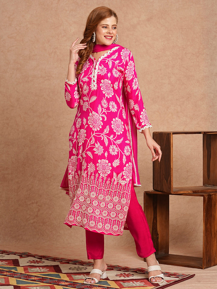 Floral Printed Schiffli Embroidered Straight Fit Kurta with Pant & Dupatta - Fuchsia