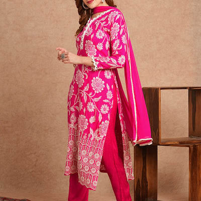 Floral Printed Schiffli Embroidered Straight Fit Kurta with Pant & Dupatta - Fuchsia