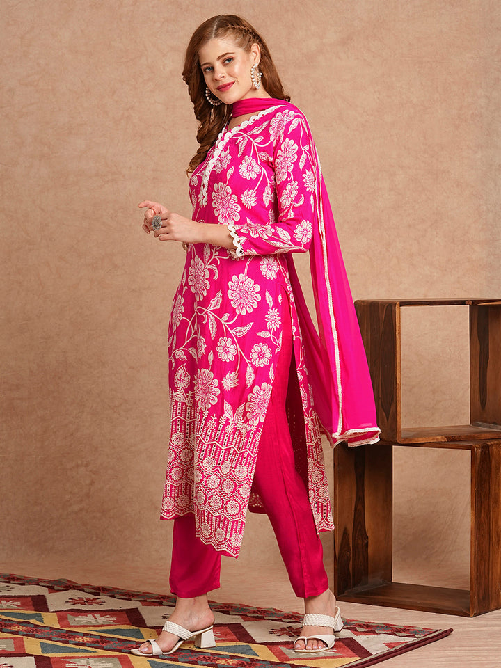 Floral Printed Schiffli Embroidered Straight Fit Kurta with Pant & Dupatta - Fuchsia