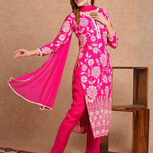 Floral Printed Schiffli Embroidered Straight Fit Kurta with Pant & Dupatta - Fuchsia
