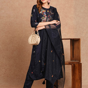 Floral Hand Embroidered Straight Kurta with Pant & Dupatta - Navy Blue
