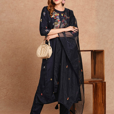 Floral Hand Embroidered Straight Kurta with Pant & Dupatta - Navy Blue