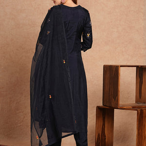 Floral Hand Embroidered Straight Kurta with Pant & Dupatta - Navy Blue
