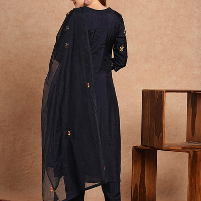 Floral Hand Embroidered Straight Kurta with Pant & Dupatta - Navy Blue