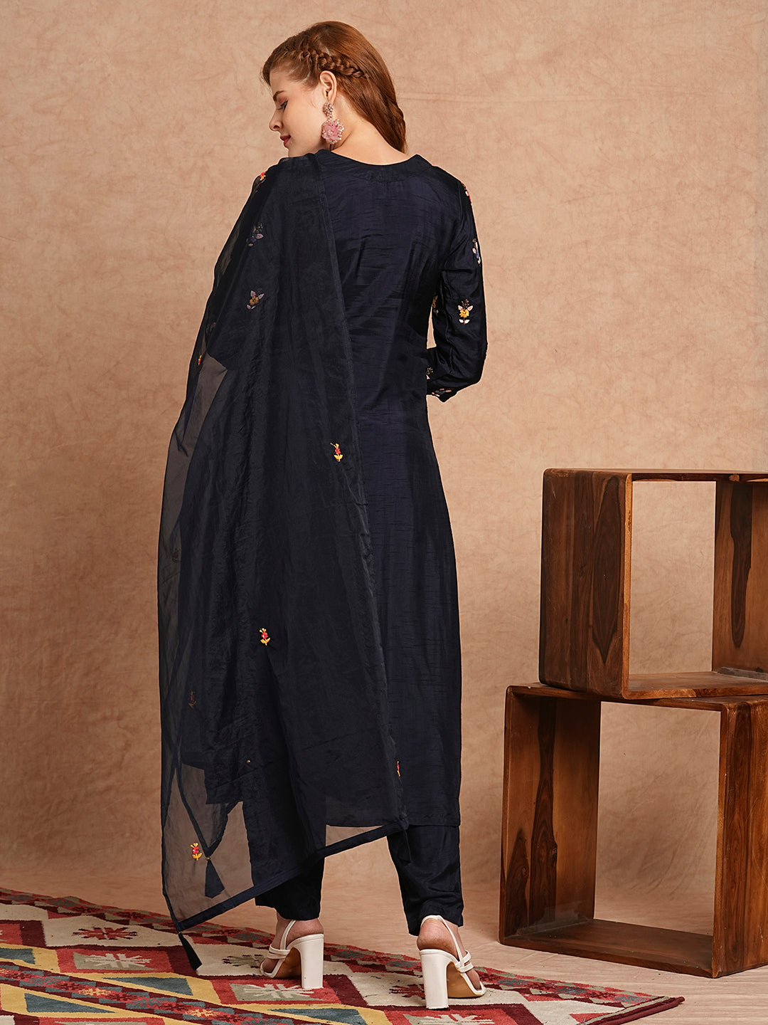 Floral Hand Embroidered Straight Kurta with Pant & Dupatta - Navy Blue