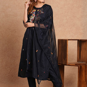 Floral Hand Embroidered Straight Kurta with Pant & Dupatta - Navy Blue