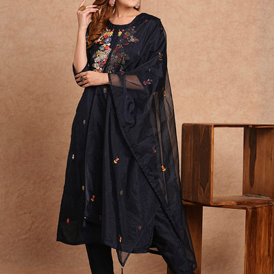 Floral Hand Embroidered Straight Kurta with Pant & Dupatta - Navy Blue