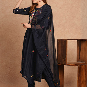 Floral Hand Embroidered Straight Kurta with Pant & Dupatta - Navy Blue