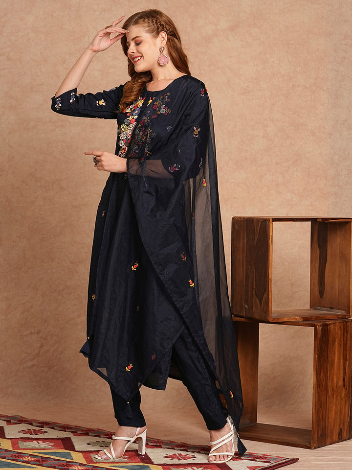 Floral Hand Embroidered Straight Kurta with Pant & Dupatta - Navy Blue