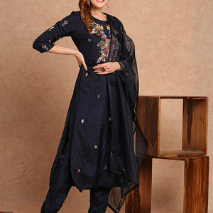 Floral Hand Embroidered Straight Kurta with Pant & Dupatta - Navy Blue
