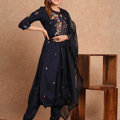 Floral Hand Embroidered Straight Kurta with Pant & Dupatta - Navy Blue
