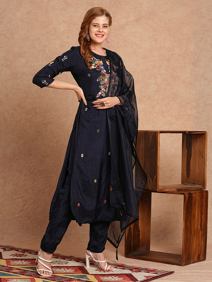 Floral Hand Embroidered Straight Kurta with Pant & Dupatta - Navy Blue