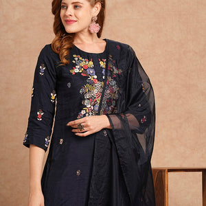 Floral Hand Embroidered Straight Kurta with Pant & Dupatta - Navy Blue