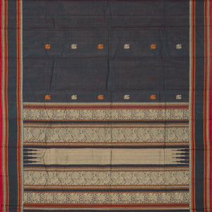 Dark Grey Handloom Kanchi Cotton Saree With Annam Buttas