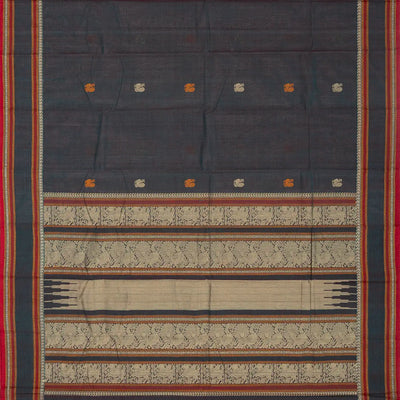Dark Grey Handloom Kanchi Cotton Saree With Annam Buttas