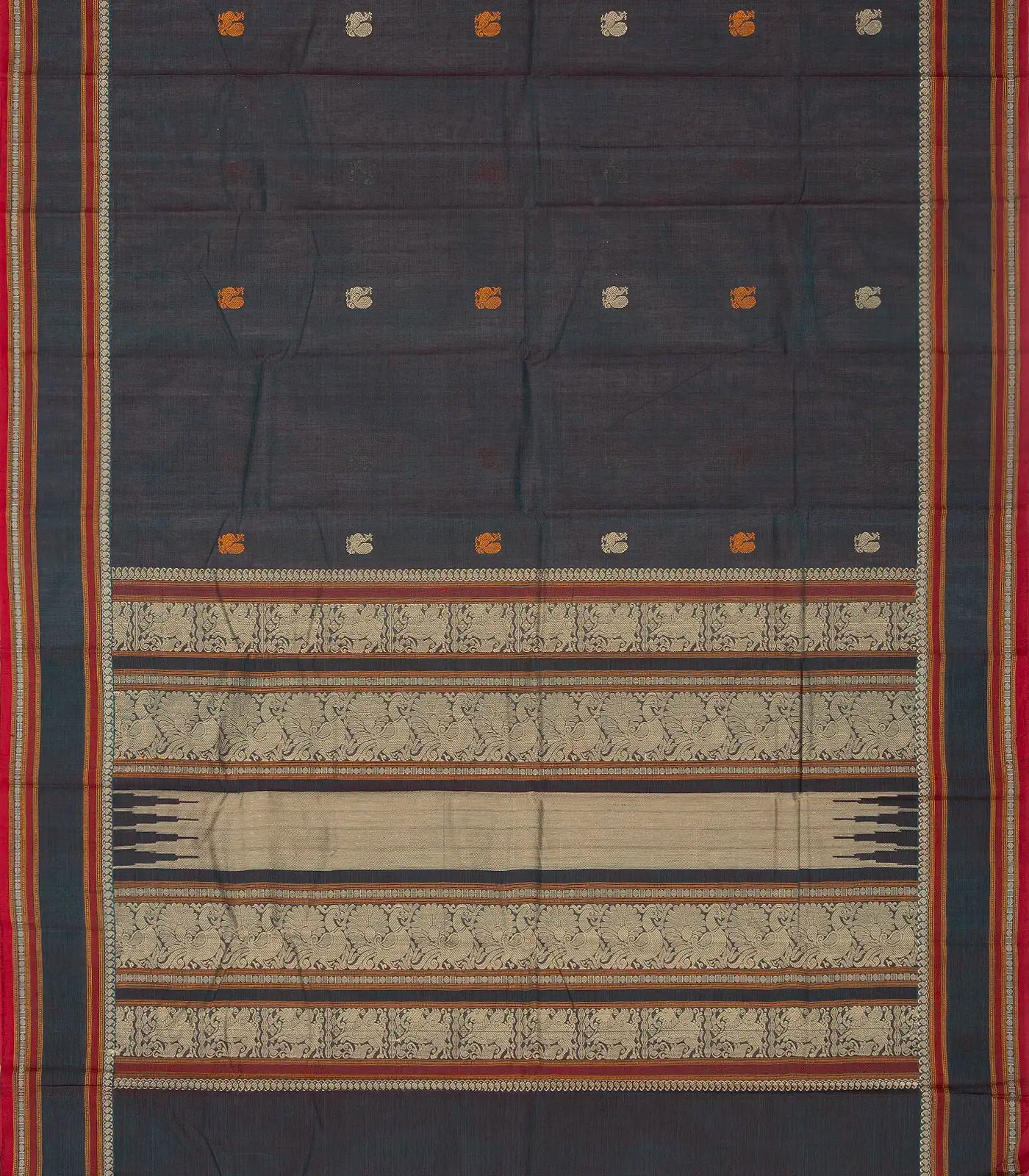 Dark Grey Handloom Kanchi Cotton Saree With Annam Buttas