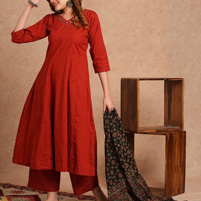 Solid Mirror Embroidered Anarkali Kurta with Palazzo and Dupatta - Rust