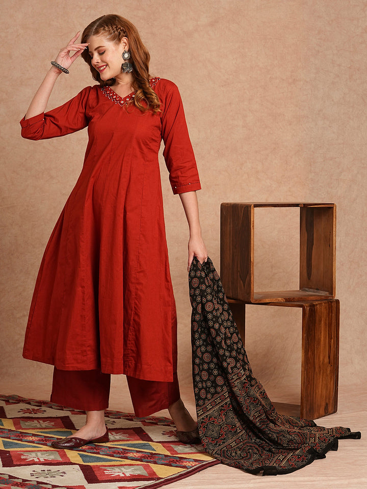 Solid Mirror Embroidered Anarkali Kurta with Palazzo and Dupatta - Rust