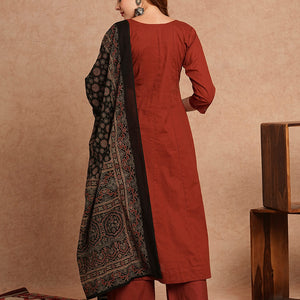 Solid Mirror Embroidered Anarkali Kurta with Palazzo and Dupatta - Rust