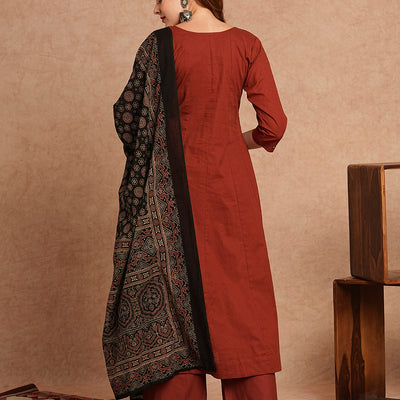 Solid Mirror Embroidered Anarkali Kurta with Palazzo and Dupatta - Rust