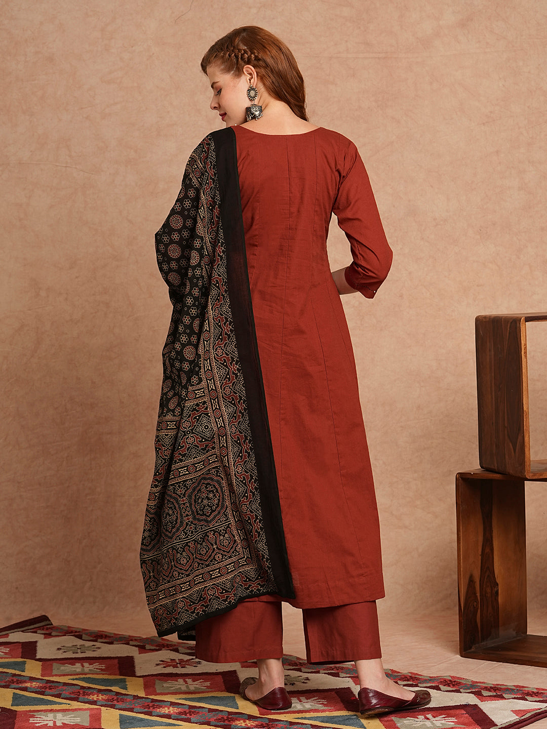 Solid Mirror Embroidered Anarkali Kurta with Palazzo and Dupatta - Rust