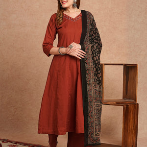 Solid Mirror Embroidered Anarkali Kurta with Palazzo and Dupatta - Rust