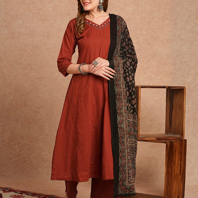 Solid Mirror Embroidered Anarkali Kurta with Palazzo and Dupatta - Rust