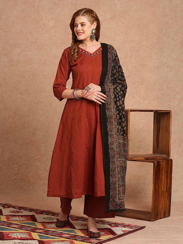 Solid Mirror Embroidered Anarkali Kurta with Palazzo and Dupatta - Rust