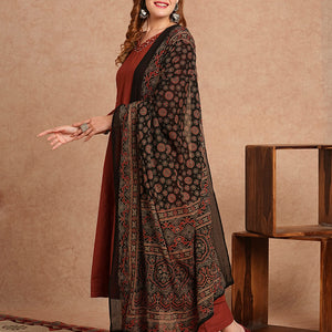 Solid Mirror Embroidered Anarkali Kurta with Palazzo and Dupatta - Rust