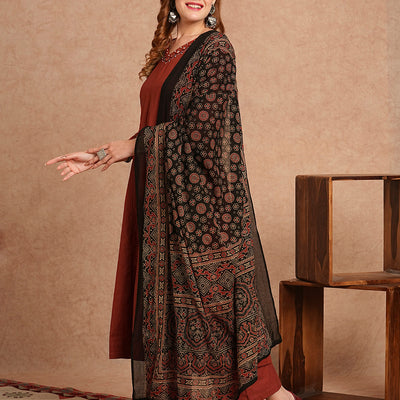 Solid Mirror Embroidered Anarkali Kurta with Palazzo and Dupatta - Rust