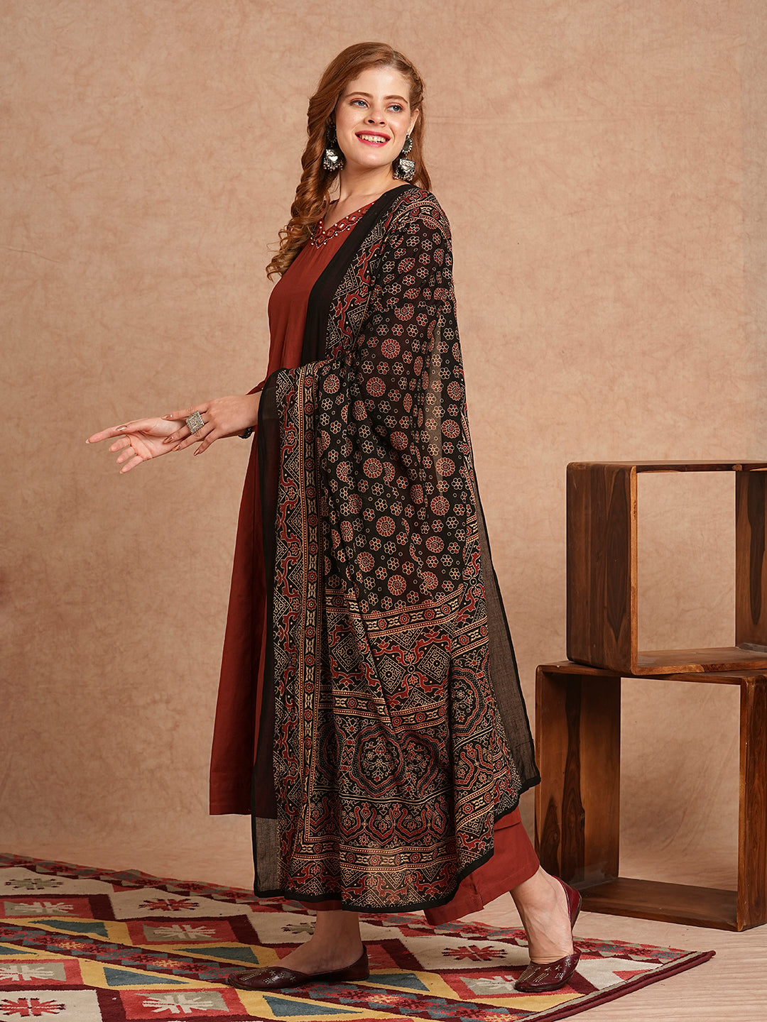 Solid Mirror Embroidered Anarkali Kurta with Palazzo and Dupatta - Rust