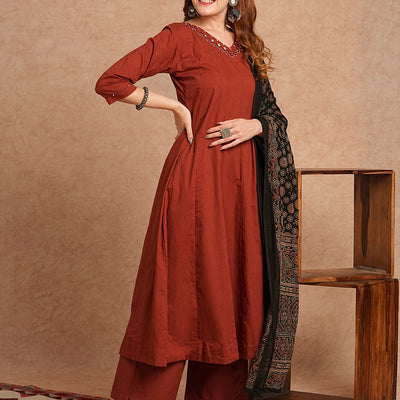 Solid Mirror Embroidered Anarkali Kurta with Palazzo and Dupatta - Rust